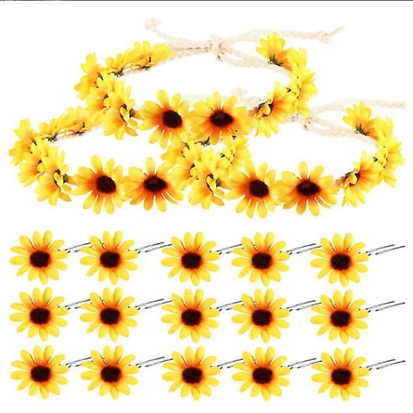 15 stykker solsikkehårklips Blomsterhårspenner med 3 stykker solsikkekrans pannebånd