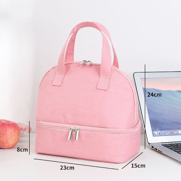 Isolert lunsjpose med kjølebag med dobbelt rom (rosa)