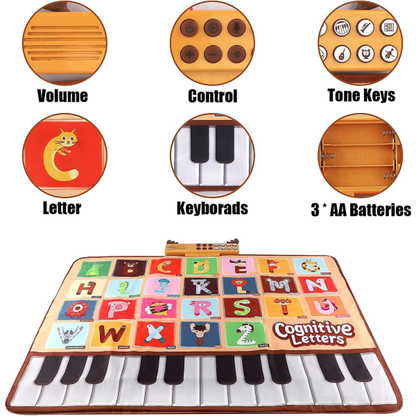 Bluejay baby klavermåtte, musikalsk keyboard læringslegetøj med 26 bogstaver, elektronisk musik Animal Touch legemåtte Småbørnslegetøj Gaver til drenge og piger 1