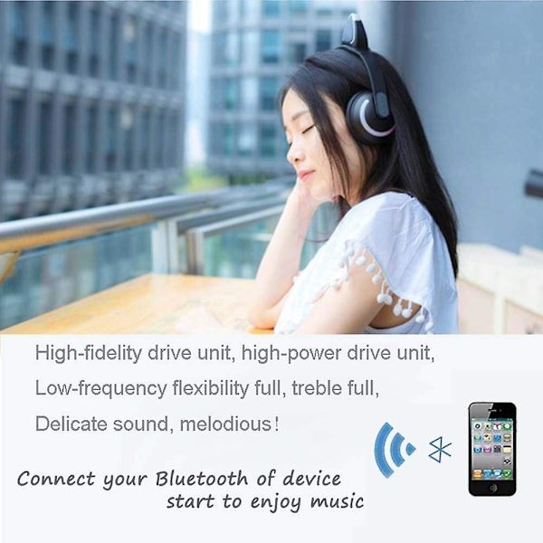 Trådløst Bluetooth-katteøre-headset med mikrofon 7-farget LED-lys blinkende på-øret stereo-headset