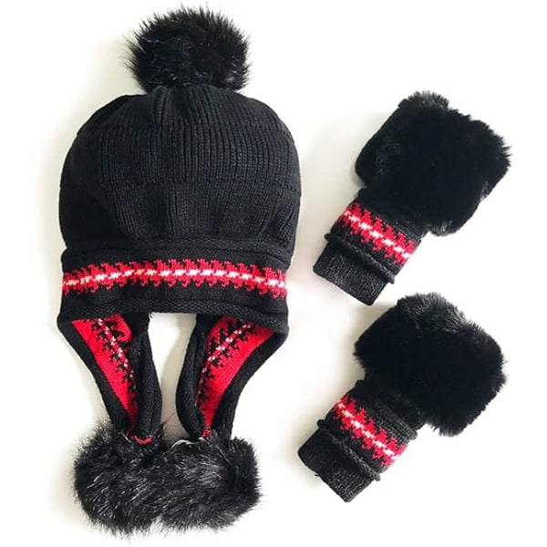 Kvinnors stickade mössa med pompom och handskar