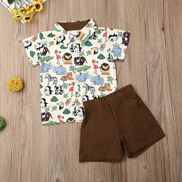 Toddler Drenge Sommer Outfits Kortærmet Revers Knap T-shirts Shorts Sæt Lille Børn 2stk Tegneserie Dyr Print Tøj 100cm