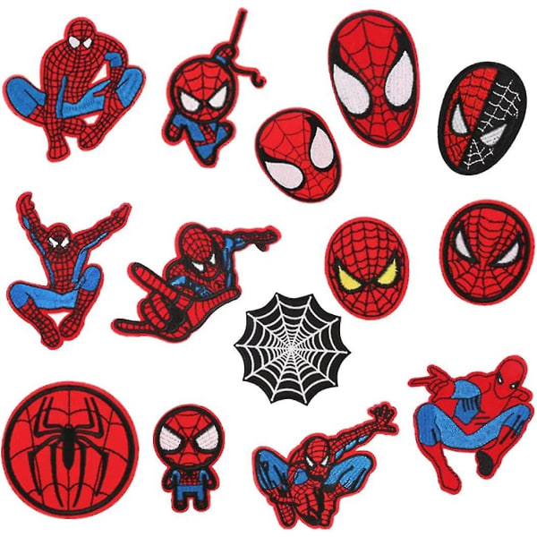 14 järnlappar, Spiderman-lappar för broderi av kläder, applikationer för att sy jackor, ryggsäckar, jeans (hud)