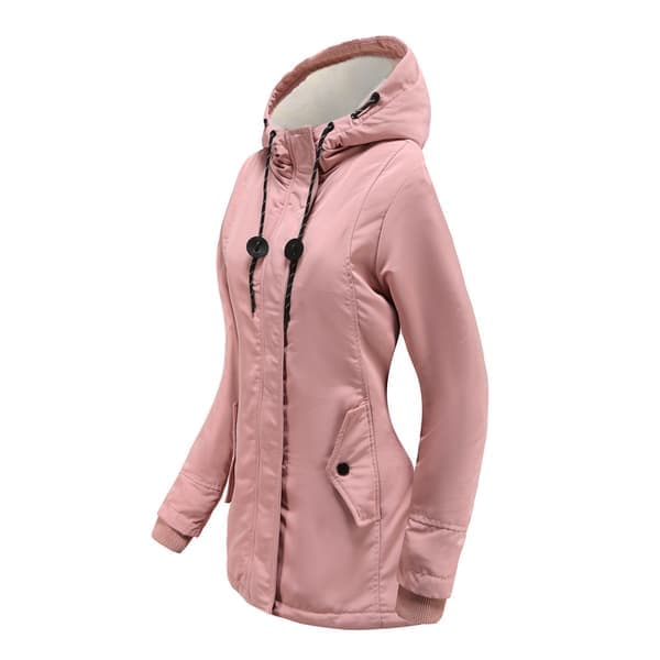 Varm vinterjacka för kvinnor med sherpafoder, tung parka med huva, rosa Pink L