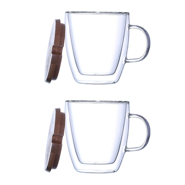 Dubbelväggiga Glaskaffemuggar med Trälock, 2 st/set Isolerad Klar Espressokoppar Set