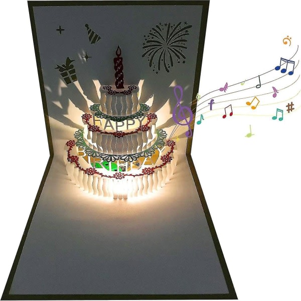 3D-bursdagskort, 1 pakke fargeskiftende lys &amp; Auto play musikk Gratulerer med dagen kake kort