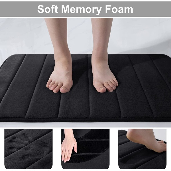 Memory Foam Bademåtte, 40 x 60 cm, Ekstra blød skridsikker bademåtte, Maskinvaskbar tør bademåtte Fodmåtte, Sort