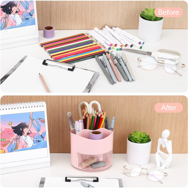 Pyörivä kynäteline, 4 lokeroa kynäkotelo – pöytäpaperien säilytys meikkisiveltimien pidike kotiin ja toimistoon, kynän pidike (vaaleanpunainen)