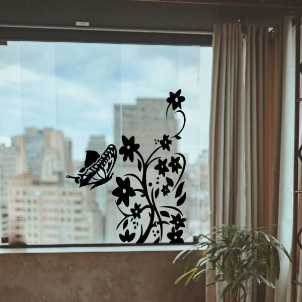 Sett med 2 veggdekor Sommerfugler og blomster Veggdekor svart selvklebende veggdekorasjoner Soverom Stue Veggdekor