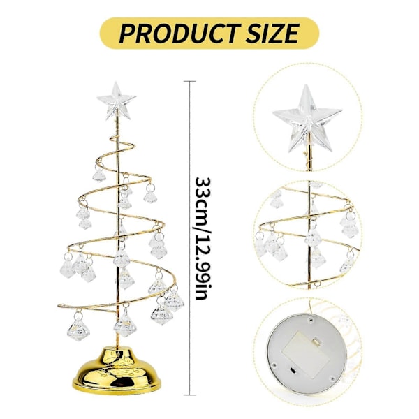 Jul Kristallgran Ljus 33 cm Bordsjulgran Dekoration Julgranslampa med LED och Kristallhänge Jul (Guld)