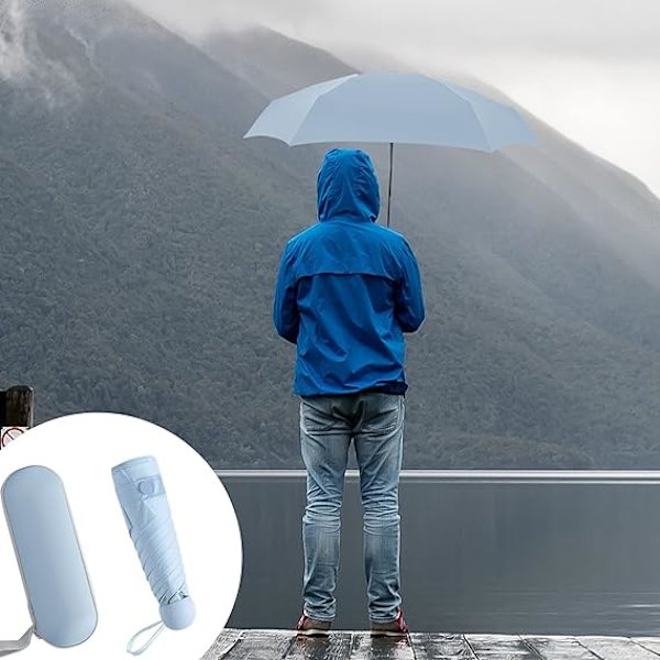 Taitettava sateenvarjo, 6-ripainen miniv sateenvarjo pienellä sateenvarjolla kapselikotelolla Mini anti-UV-sateenvarjo Nopea kuiva ja ultrakevyt kompakti (sininen)