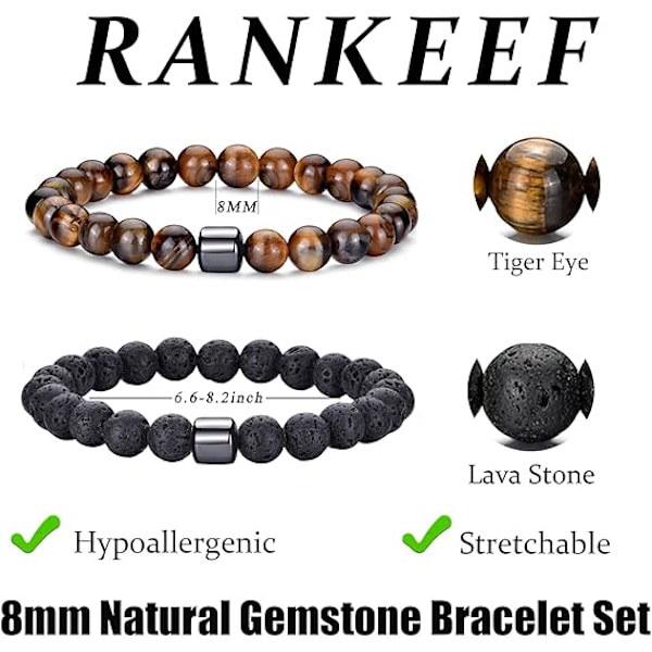Herre Perlearmbånd Sæt, 8mm Naturlig Lava og Tigerøje Sten Stretch Armbånd, Herrearmbånd