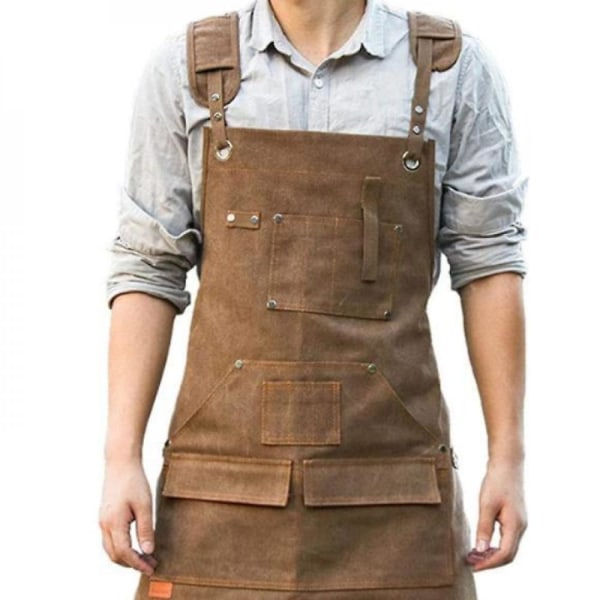 Arbejdsforklæde - Tykt vasket lærred Professionelt kokkeforklæde til mænd og kvinder - Justerbare stropper med lommer og håndklædeholder