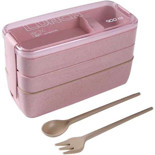 Japansk Bentoboks Lunsjboks, Gjenbrukbar 3-i-1 Rom, Bento Lunsjboks Matlagingsbeholdere med Gaffel, Skje Pink