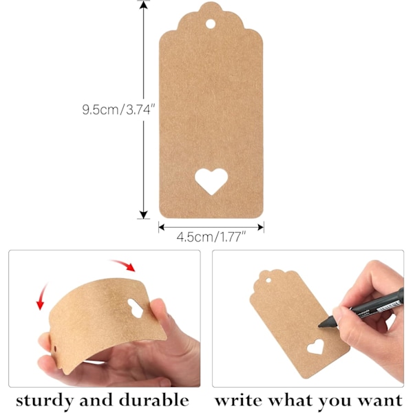 Brune Gavemerkelapper med Hjerte, 100 stk. Blanke Papirmerkelapper med Snor, Gavemerkelapper til Valentinsdagen 4,5x9,5 CM Store Gaveetiketter for Bryllupsgaver Cowhide