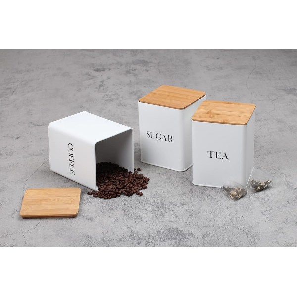 Set med 3 te-, kaffe- och sockerbehållare för förvaringsburkar med lufttätt bambulock , vit