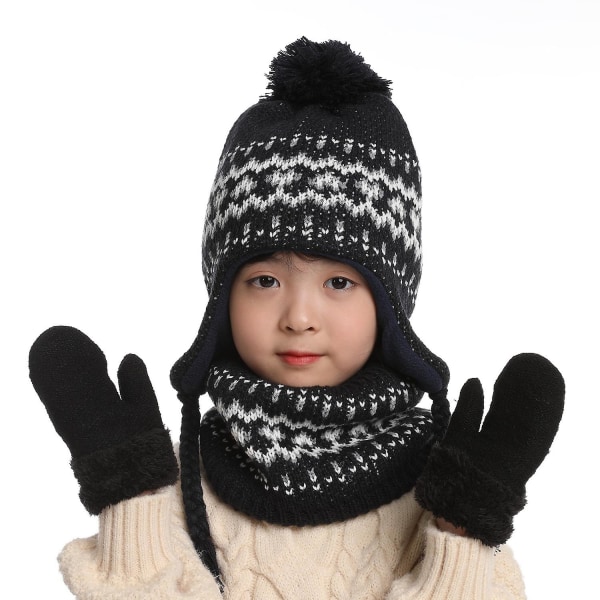Lasten talvipipo hattu huivi käsineet set lapsille tytöille pojalle lämmin neulottu korvaläppäpipo 1 set Black
