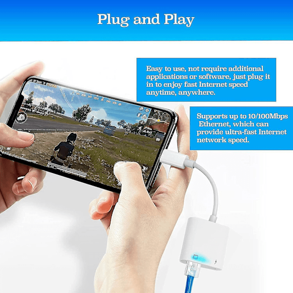 Lightning till Ethernet-adapter, kompatibel 2 i 1 Ethernet LAN-nätverksadapter med laddningsport