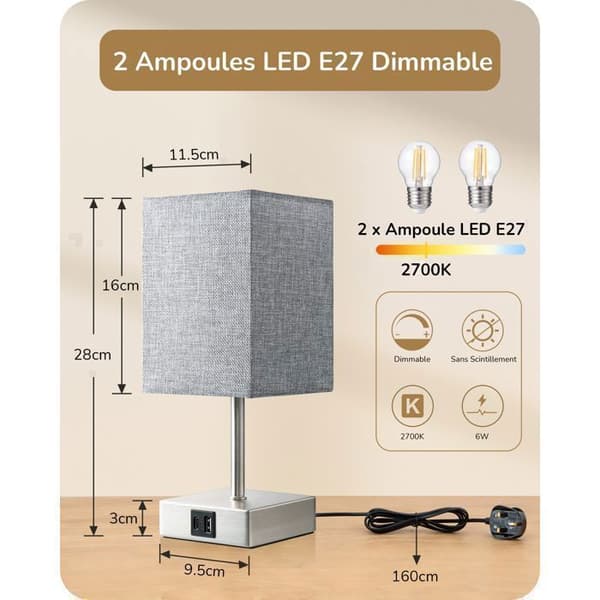 Bordlamper - KL-T090 - Touch - USB-A/USB-C - E27 LED inkluderet