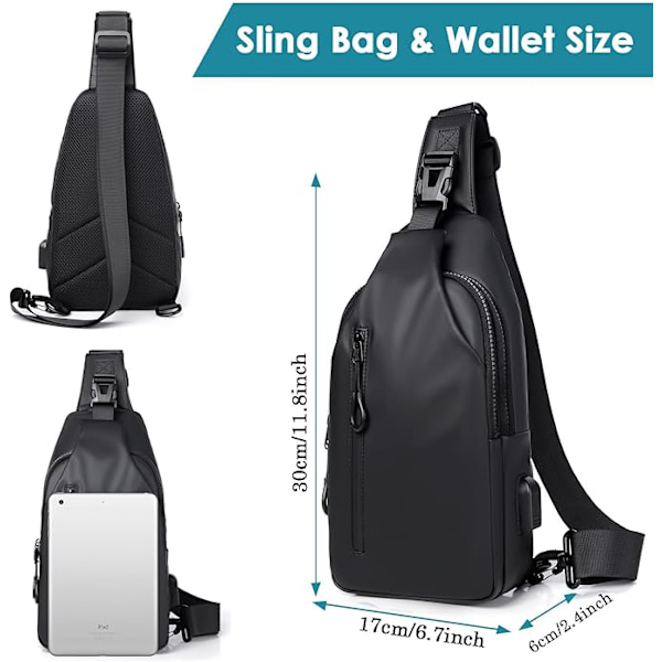 Lättviktig bröstväska, vattentäta axelväskor, crossbody-väskor med USB-laddningsport, unisex sling ryggsäck