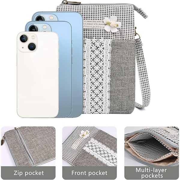 Liten Skulderveske for Kvinner Canvas Mobiltelefonveske Damer Nasjonal Mønster Håndvesker Jenter Mini Skuldervesker Lommebok Pengesekk Myntpose Greyish-green