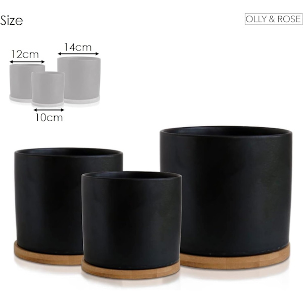 Keramisk Blomkruka Set med Bambusbricka Svart Inomhus Blomkruka Svart Blomkruka Set Keramisk Blomkruka Behållare Utomhus med Underfat (Stor)