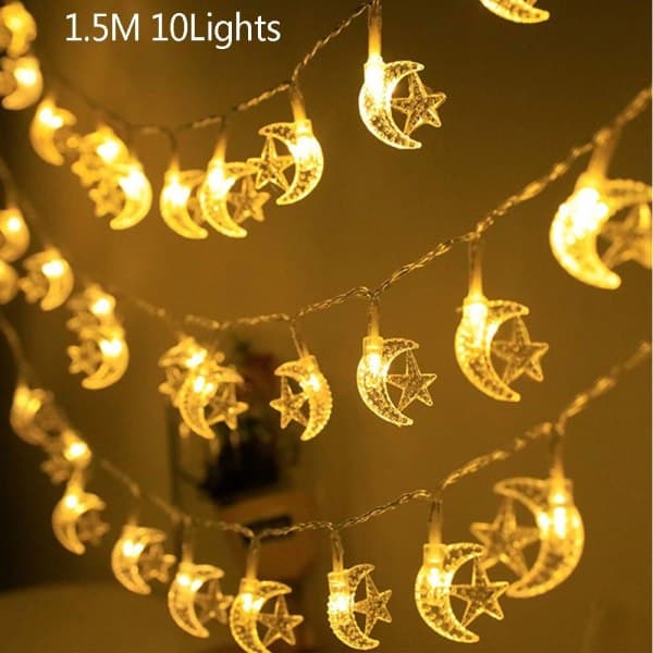 1,5 m 10 LED Måne Stjerne Slot Lys Eid Mubarak Ramadan Måne
