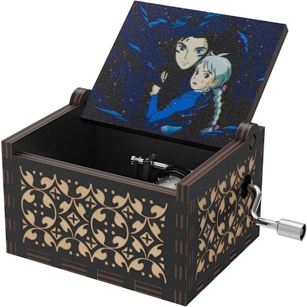 Castle Wood Music Box, Anime Theme Music Merry Go Round of Life Wooden Hand Cranked Musical Boxes Nyttårsbursdag Gave (Svart1)