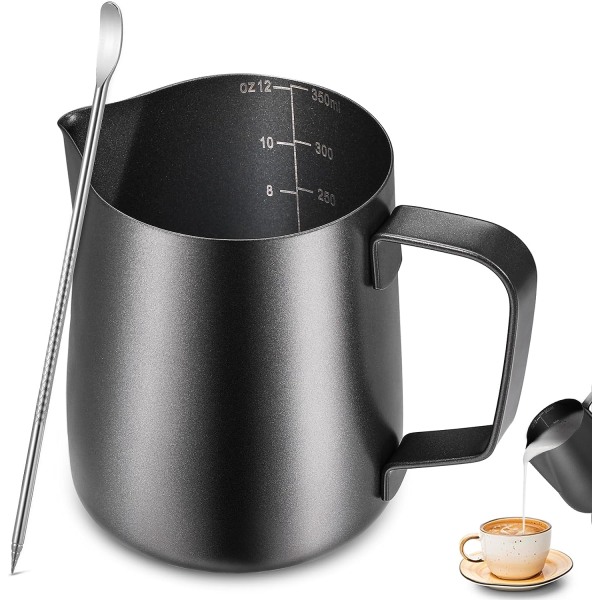 Metal Mælkeskummerkande, 350ml/12oz 304 Rustfrit Stål Mælkekande Metal Barista Tilbehør til Cappuccino Latte og Espresso, Tåler Opvaskemaskine