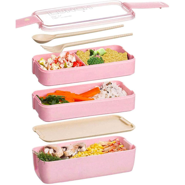Japansk Bentoboks Lunsjboks, Gjenbrukbar 3-i-1 Rom, Bento Lunsjboks Matlagingsbeholdere med Gaffel, Skje Pink