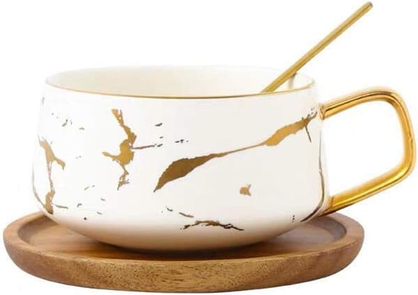 Porcelæns tekop kaffekrus sæt til eftermiddagste - Marmormønster (Kort 302ml + Træunderkop)