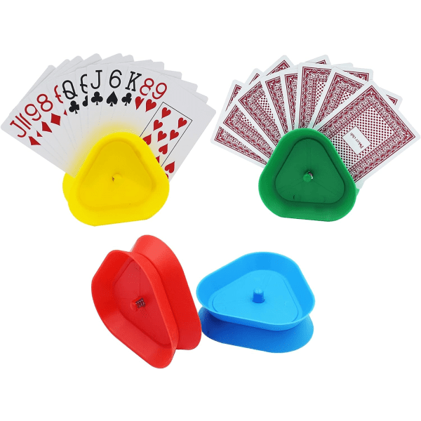 Håndholder for spillkort, trekantformet håndfri holder for pokerstativ, 4 farger, sett med 4