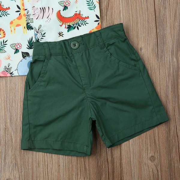 Toddler Boys Summer Outfits Short Sleeve Lapel Button T-shirts Shorts Set Little Kids 2pcs Cartoon Animal Print Clothes 100cm