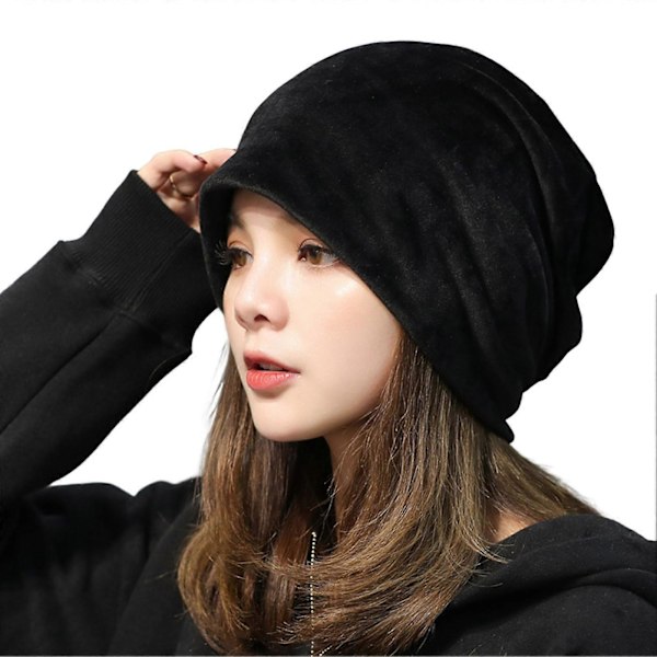 Dam Beanie Hatt Elastisk Mjuk Enfärgad Rymlig Slouchy Håller Varmt Ingen Brätte Plysch Dam Vinter Beanie Modeaccessoarer Black