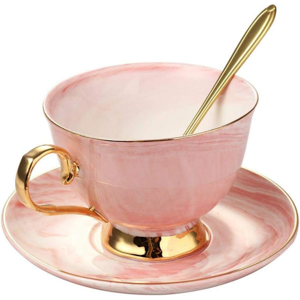 Marmor Keramisk Kopp og Skålsett Kamelia Mønstret Bone China Kaffe Krus Te Kopp Gullkant med Kaffe Kopp, Skål og Skje, 200ml (Rosa)