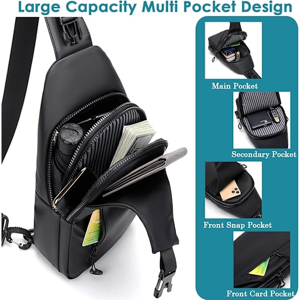 Lättviktig bröstväska, vattentäta axelväskor, crossbody-väskor med USB-laddningsport, unisex sling ryggsäck