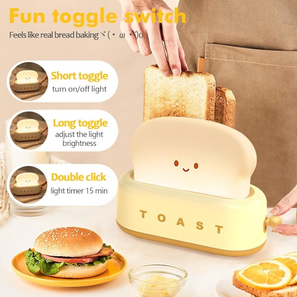 Toastbrød LED-natlampe, sød borddekoration Brødrister med timer, kreativt design Sengebordslampe til babybørn piger teenagere Yellow