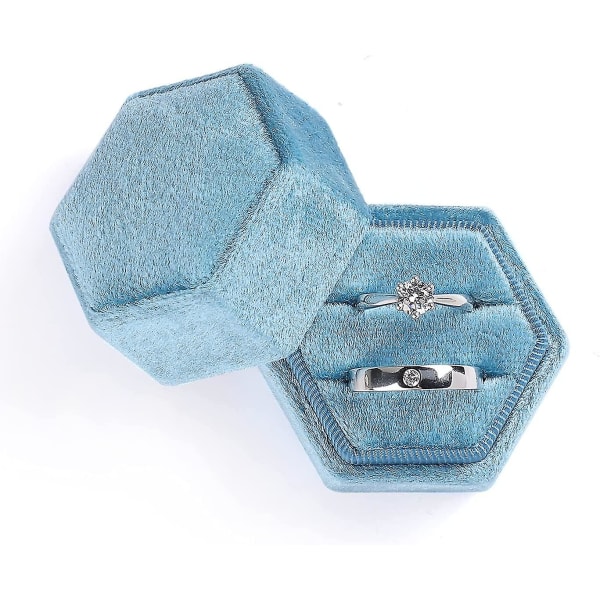 Fløjlssmykke-ringæske, sekskantet premium lækker vintage dobbeltring-gaveæske med aftageligt låg til tilbudsforlovelse bryllupsceremoni (himmelblå)