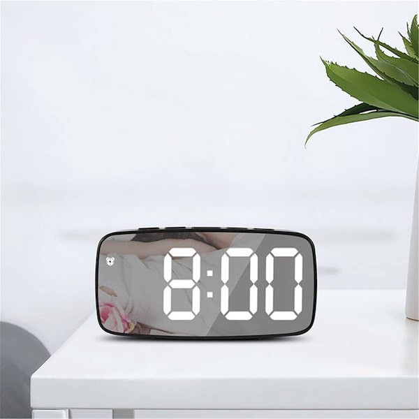 Digital LED Vækkeur Spejlur med Temperatur & Dato Kalender, Snooze, Justerbar Lysstyrke, Stemmestyring Nattilstand Sengevækkeur (Sort)