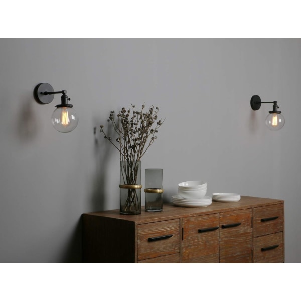 Industriel væglampe Vintage væglampe med rund skærm i klart glas til loft, køkken, spisestue dekoration og belysning (sort)