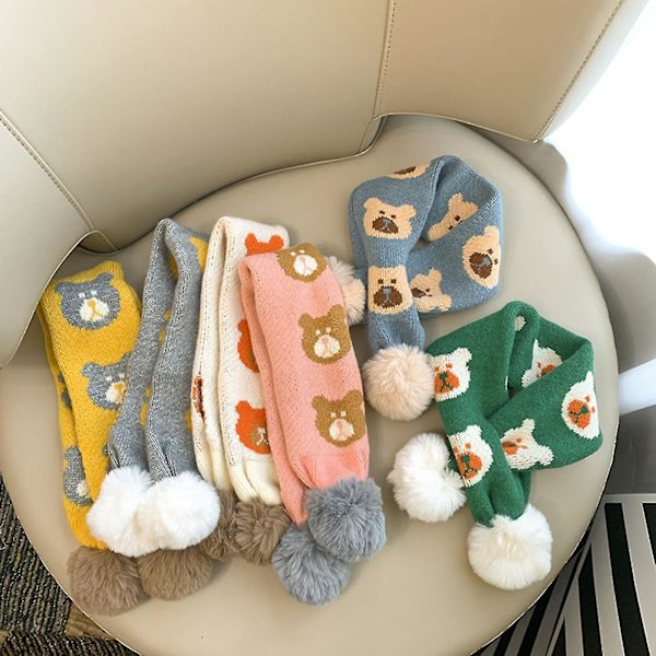 2-6 år barns halsduk mjuk stickning ull plysch tjock vindtät hålla varm med pälsbollar tecknad björn vinter pojkar flickor stickad halsduk för Beige