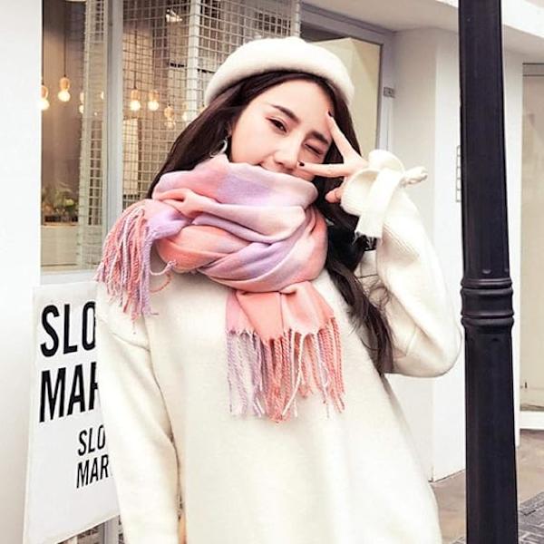 1PCS Dame Mode Lang Sjal Stor Gitter Vinter Varm Gitter Stort Tørklæde Pink