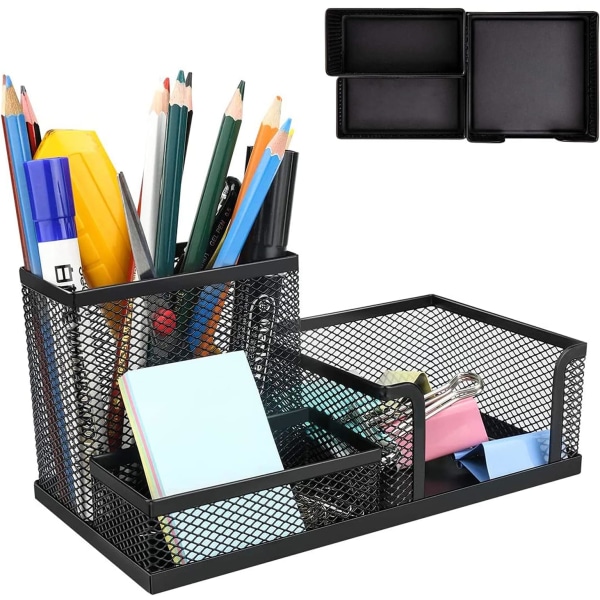 Mesh Desk Organizer Musta pöytäkoneen toimistotarvikekotelo kynätelineellä ja säilytyskorit pöytätietokoneiden tarvikkeille, 3 lokeroa (3 IN 1)
