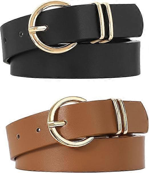 Dambälten i läder för jeans, klänningar, mode, guldspänne, midjebälte för damer, 2-pack