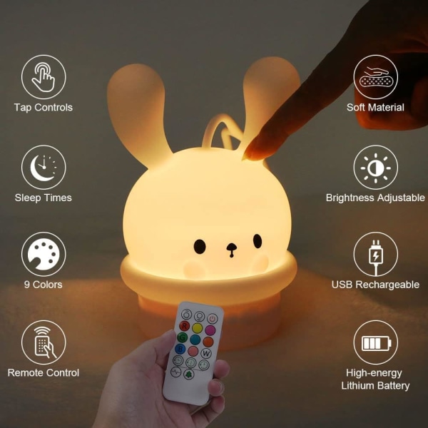 Cute Bunny Baby Night Light Barnelampe, 9-fargeskiftende LED bærbare dyresilikonlamper, USB oppladbar nattlampe for barnerom