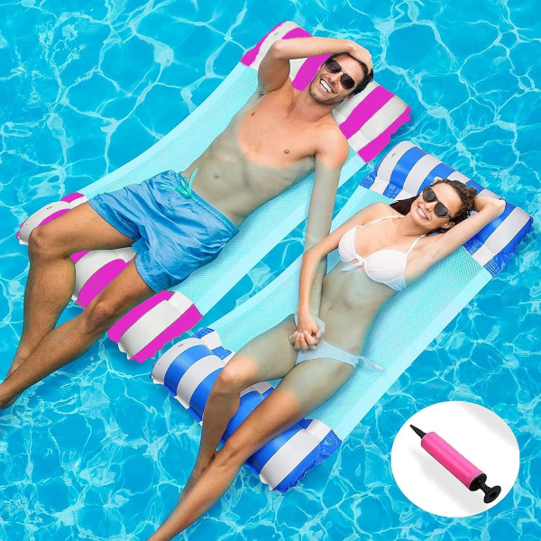 2-pack oppblåsbar svømmekøye, oppblåsbar hengekøye med manuell luftpumpe, bassengstoler til stranden, svømmebasseng, vannsalong festleker