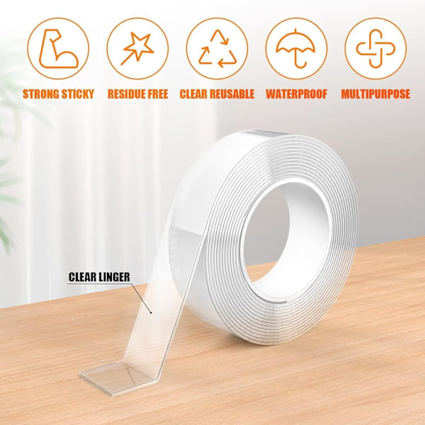 Ekstra stærk dobbeltsidet tape, 3 meter transparent dobbeltsidet tape, vandtæt, til væg og tæppe