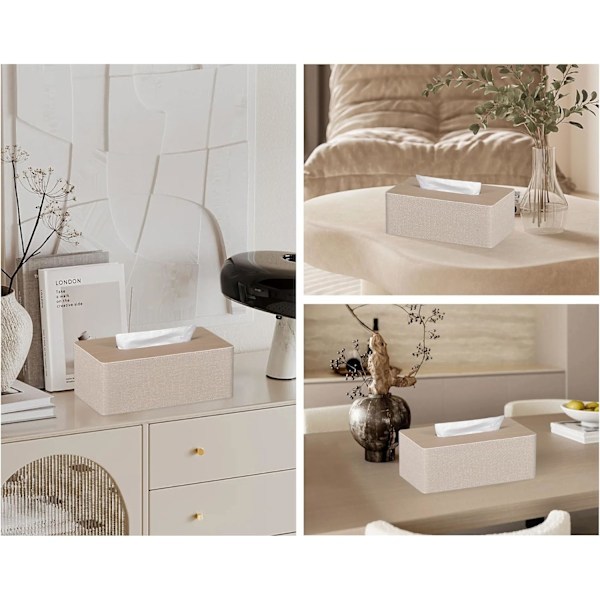 Rektangulær PU Læder Tissue Box, Ansigtsservietholder, til Kommode, Badeværelse, Dekoration (Beige)