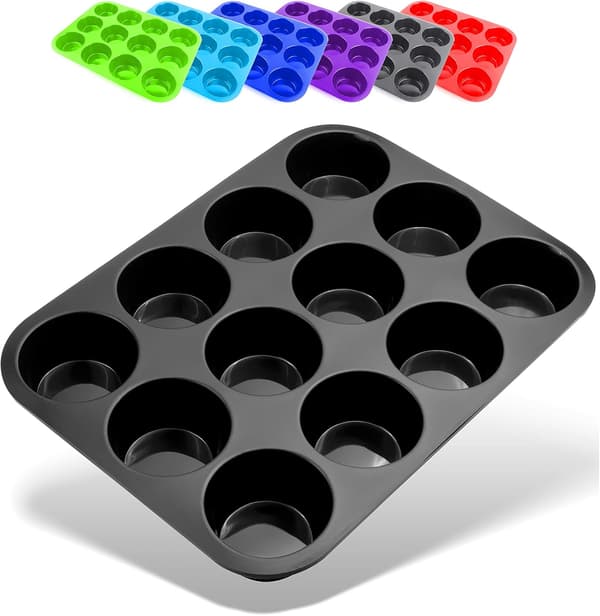 Muffinsform i Silikone med 12 Huller | Non-Stick Cupcake Forme til Bagning | Ideel Gave til Bagere | Hjemmelavning Tilbehør | Sort Black