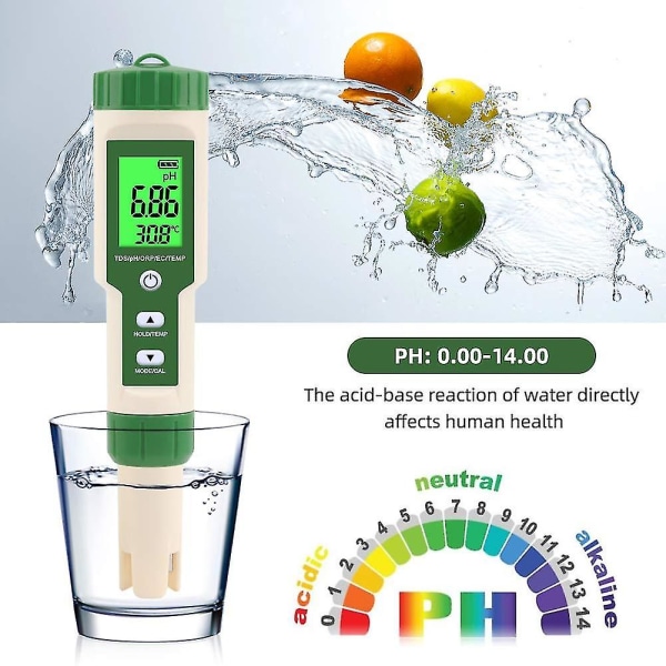 5 i 1 Ph/tds/ec/orp/temperaturmåler Digital vandkvalitetstester til pools, drikkevand